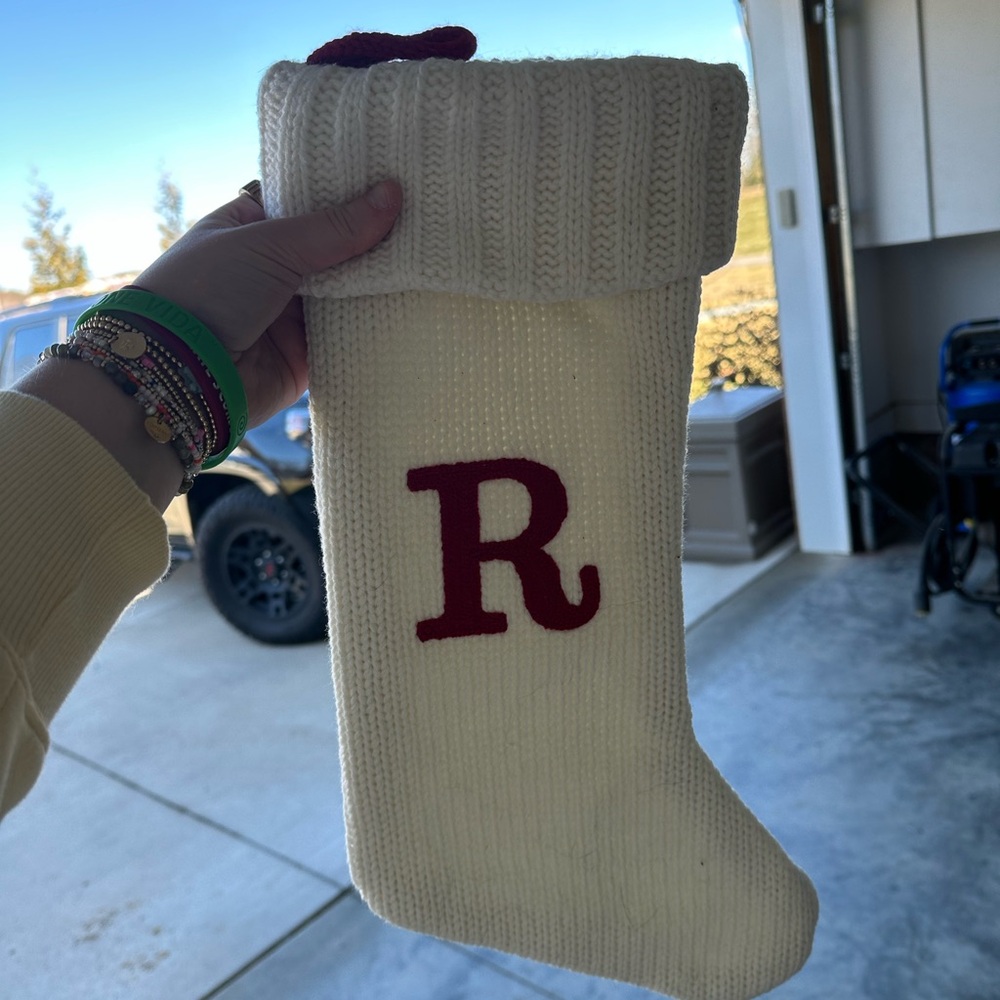 White Knit Stocking with Red Initial